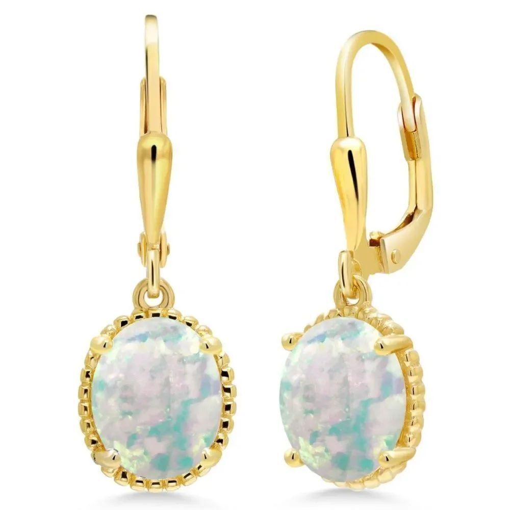 18K Yellow Gold 925 with 1.20 Cttw White Opal Oval Leverback Hook Earrings